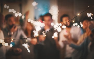 Close up of Christmas lights at a festive party